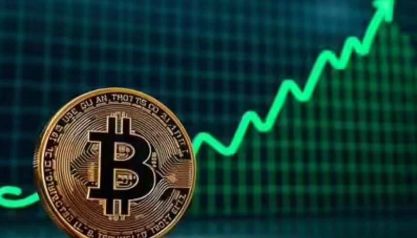 Bitcoin का डिजिटल चिह्न, बाजार ग्राफ़ के सामने चमकता हुआ।