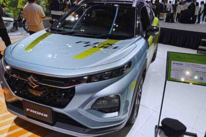 Maruti Fronx Flex Fuel Concept showcased at Japan Mobility Show 2025, capable of running on up to 85% ethanol blend, promoting green and sustainable mobility.