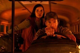 The Lost Bus movie still featuring the cast trapped in a snowy mountain scene.