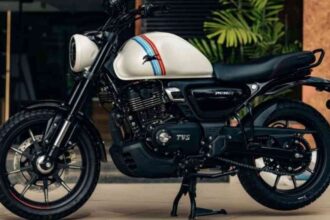 TVS Ronin Agonda Edition with white tank and retro blue-red stripes inspired by Agonda Beach.