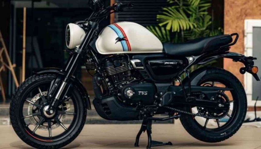 TVS Ronin Agonda Edition with white tank and retro blue-red stripes inspired by Agonda Beach.