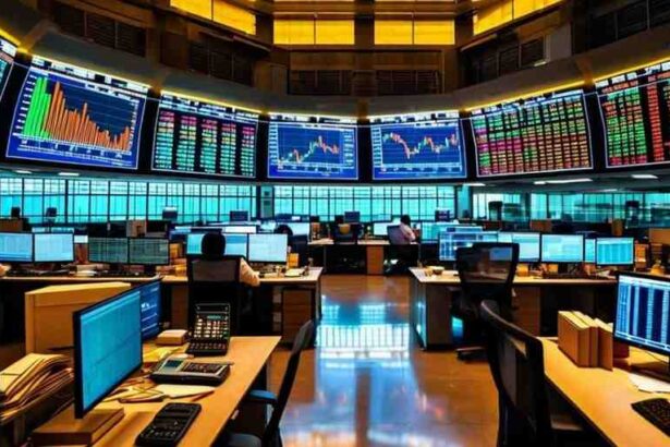 शेयर बाजार में उतार-चढ़ाव, Sensex और Nifty के आंकड़े स्क्रीन पर प्रदर्शित