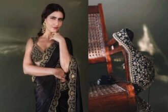 फातिमा सना शेख ब्लैक एम्ब्रॉयडर्ड टोरानी साड़ी और गोल्ड ज्वेलरी में अवॉर्ड समारोह के दौरान।