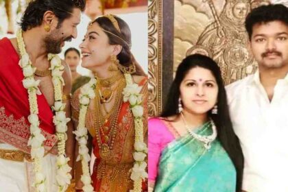 विजय देवरकोंडा और रश्मिका मंदाना की पारंपरिक शादी की तस्वीर, रामायण फिल्म पोस्टर, थलापति विजय और संगीता की फाइल फोटो।