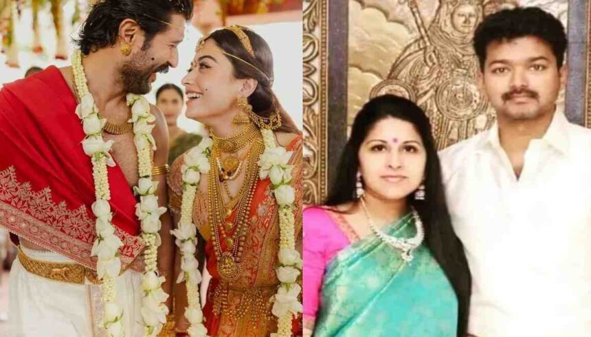 विजय देवरकोंडा और रश्मिका मंदाना की पारंपरिक शादी की तस्वीर, रामायण फिल्म पोस्टर, थलापति विजय और संगीता की फाइल फोटो।