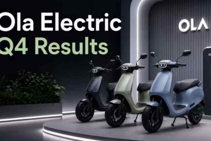 Ola Electric Q4 results और EV market slowdown को दर्शाता बिजनेस ग्राफिक