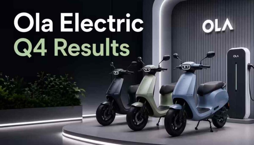 Ola Electric Q4 results और EV market slowdown को दर्शाता बिजनेस ग्राफिक
