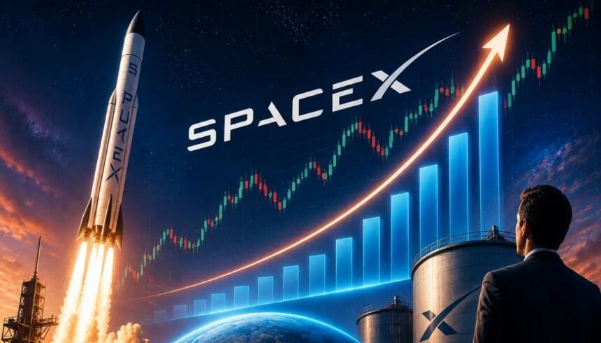 Elon Musk और SpaceX रॉकेट की प्रतीकात्मक तस्वीर, जिसमें IPO के जरिए कर्मचारियों के करोड़पति बनने की संभावना दिखाई गई है।
