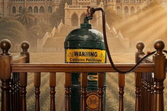 The India Story teaser poster featuring Shreyas Talpade and Kajal Aggarwal highlighting food adulteration issue in India.