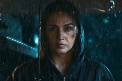 Huma Qureshi की फिल्म Baby Do Die Do का टीज़र पोस्टर, जिसमें अभिनेत्री सस्पेंस से भरे अंदाज में नजर आ रही हैं।